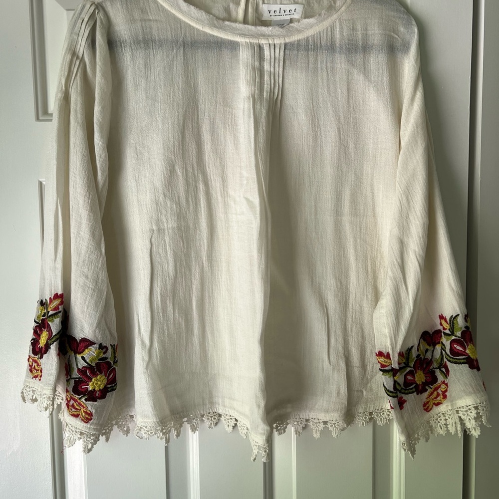 Velvet Women's Cream Blouse with Floral Embroidery